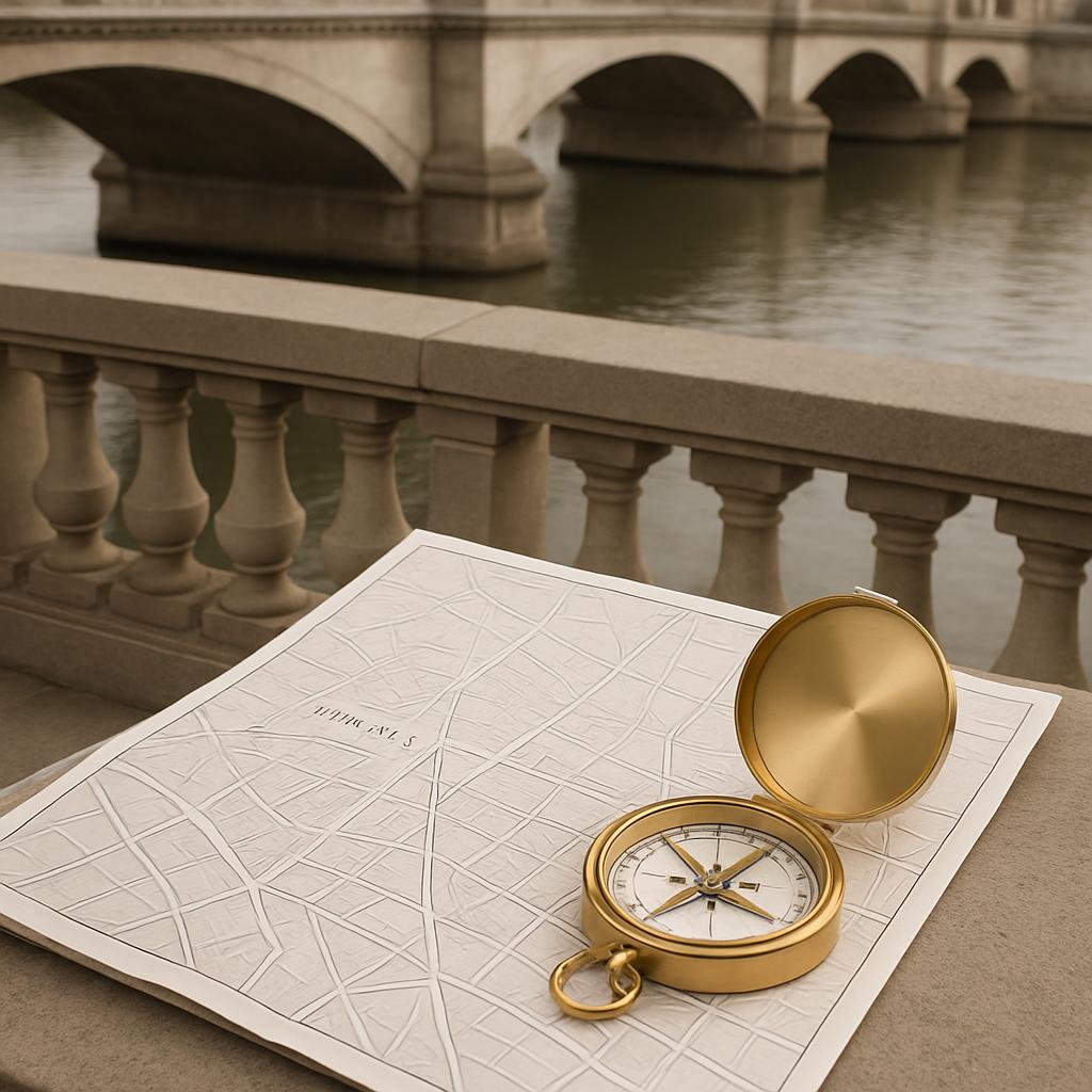 A map, compass, and bridge over a river.