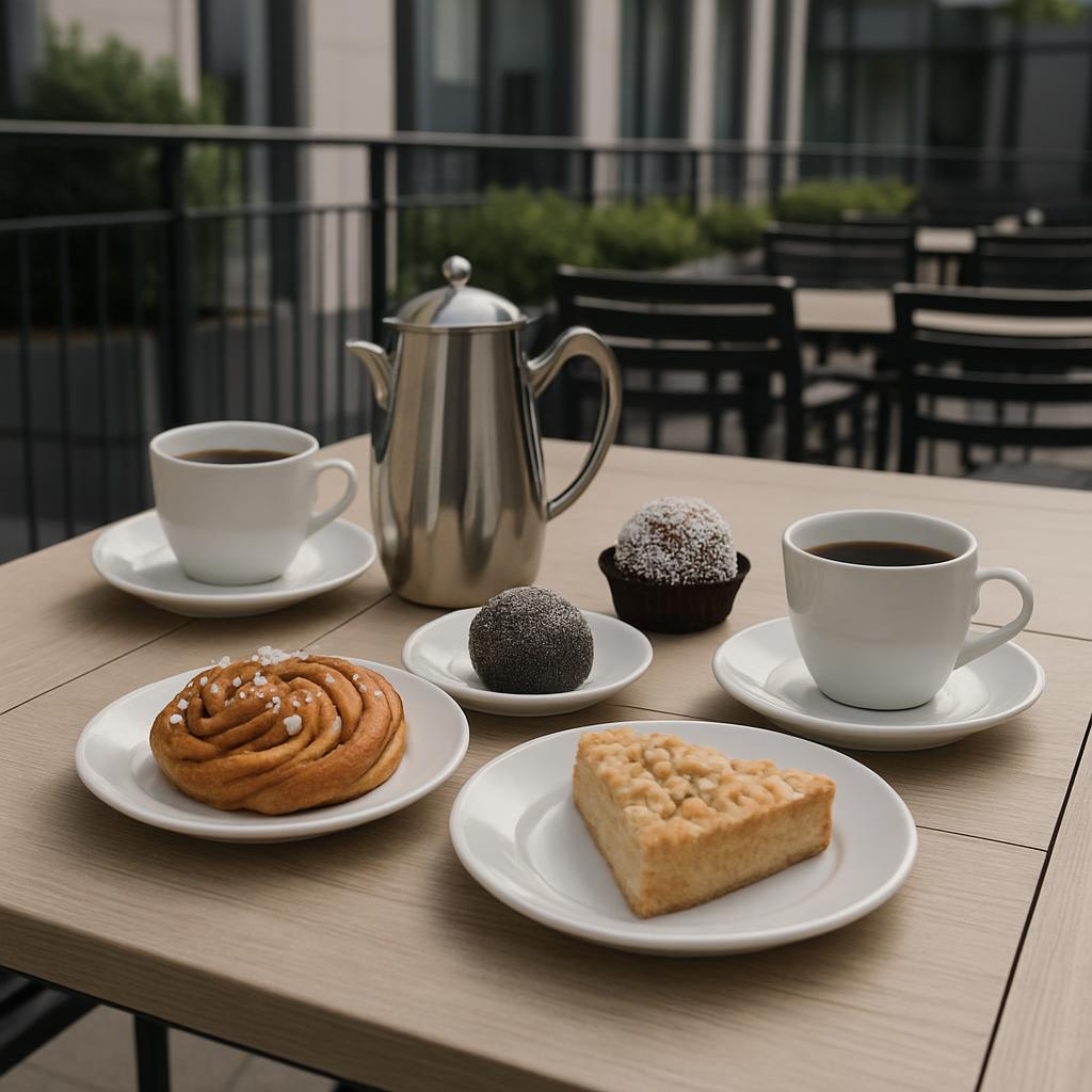 The image depicts a variety of pastries and cups on a wooden table. Both a fruit pastry ball, a triangular shortbread, a c...