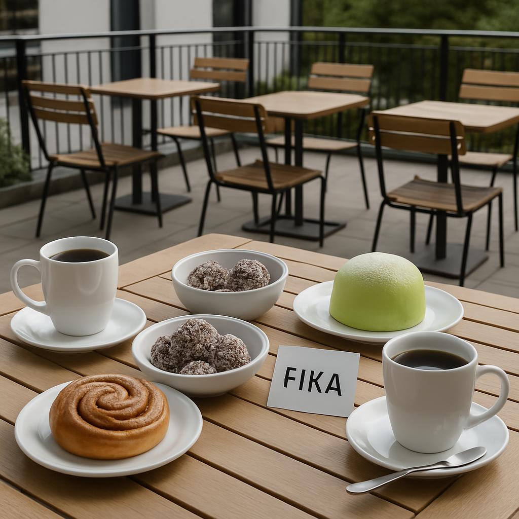 A wooden table with the name "FIKA" set in front of a cafe, featuring a selection of pastries and cups of coffee.