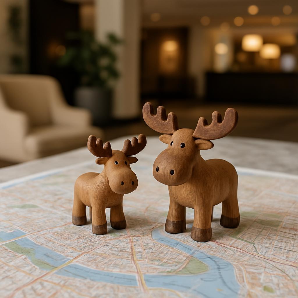 title A photograph of two wooden moose figurines on a table with a map spread out beneath them.