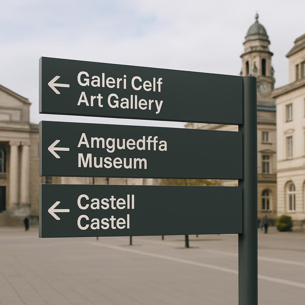 signpost with directions to museums in Spain, arrows on horizontal gray boards, grey pole, cityscape background.