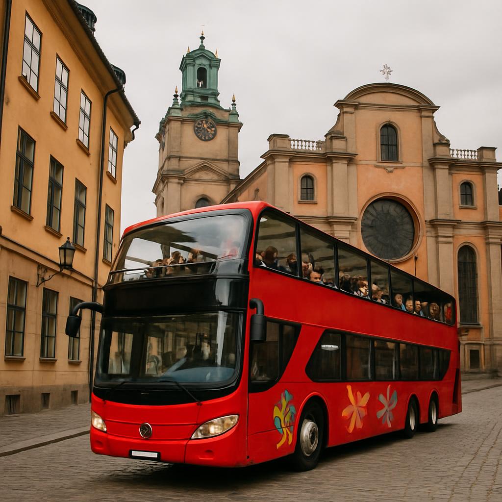 A red double-decker bus on a cobblestone street, with a large church or cathedral in the background, featuring a clock tow...