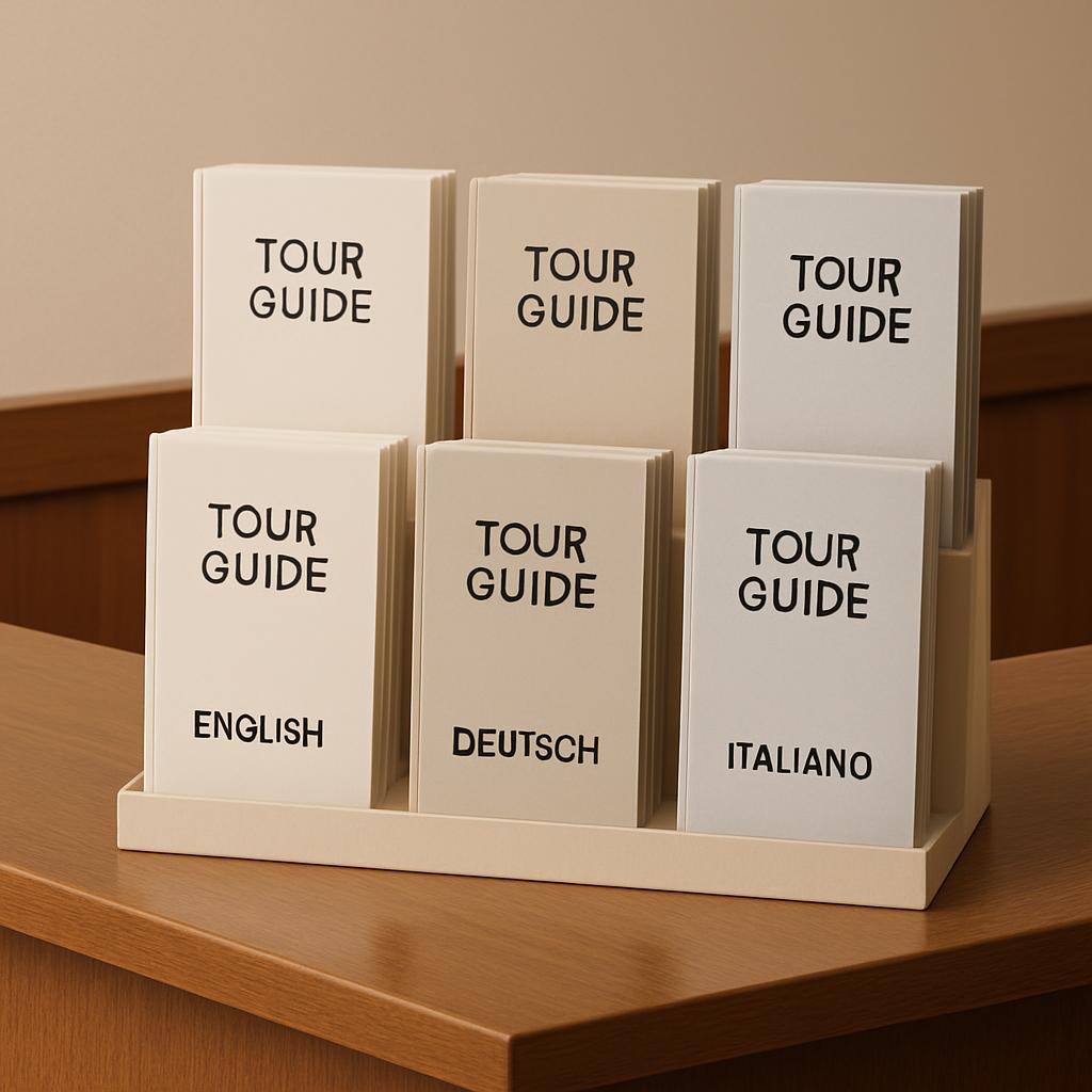 A white countertop holder with multiple card guides in white labeled 'tour guide' in multiple languages.