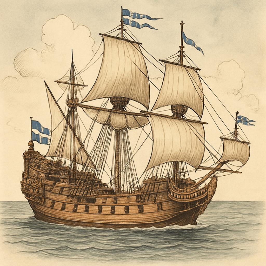 The image depicts a vintage style drawing of a 3-masted Barque ship. Several flags fly out of the 'ships' on the three mas...