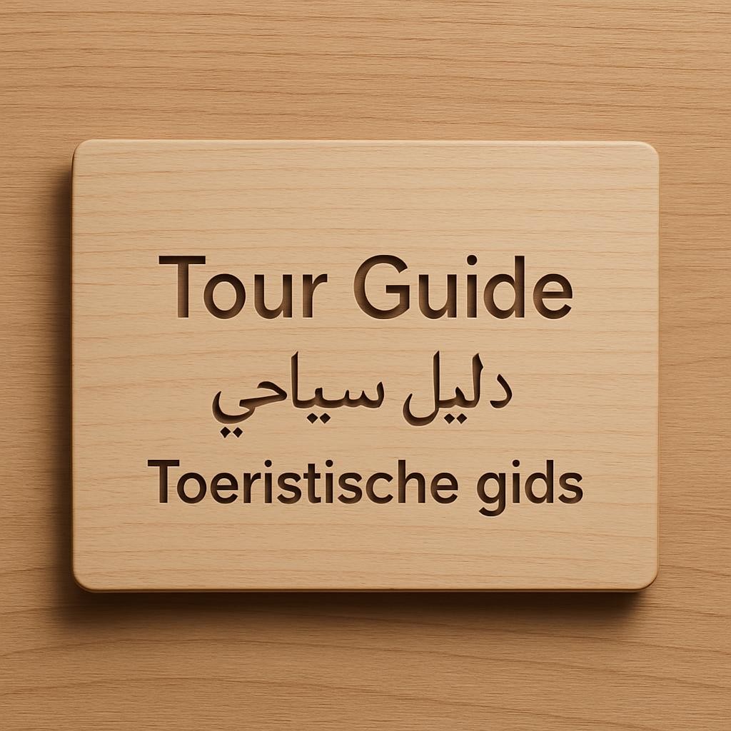 wooden board with the words 'tour guide' written in English, Arabic, and Dutch